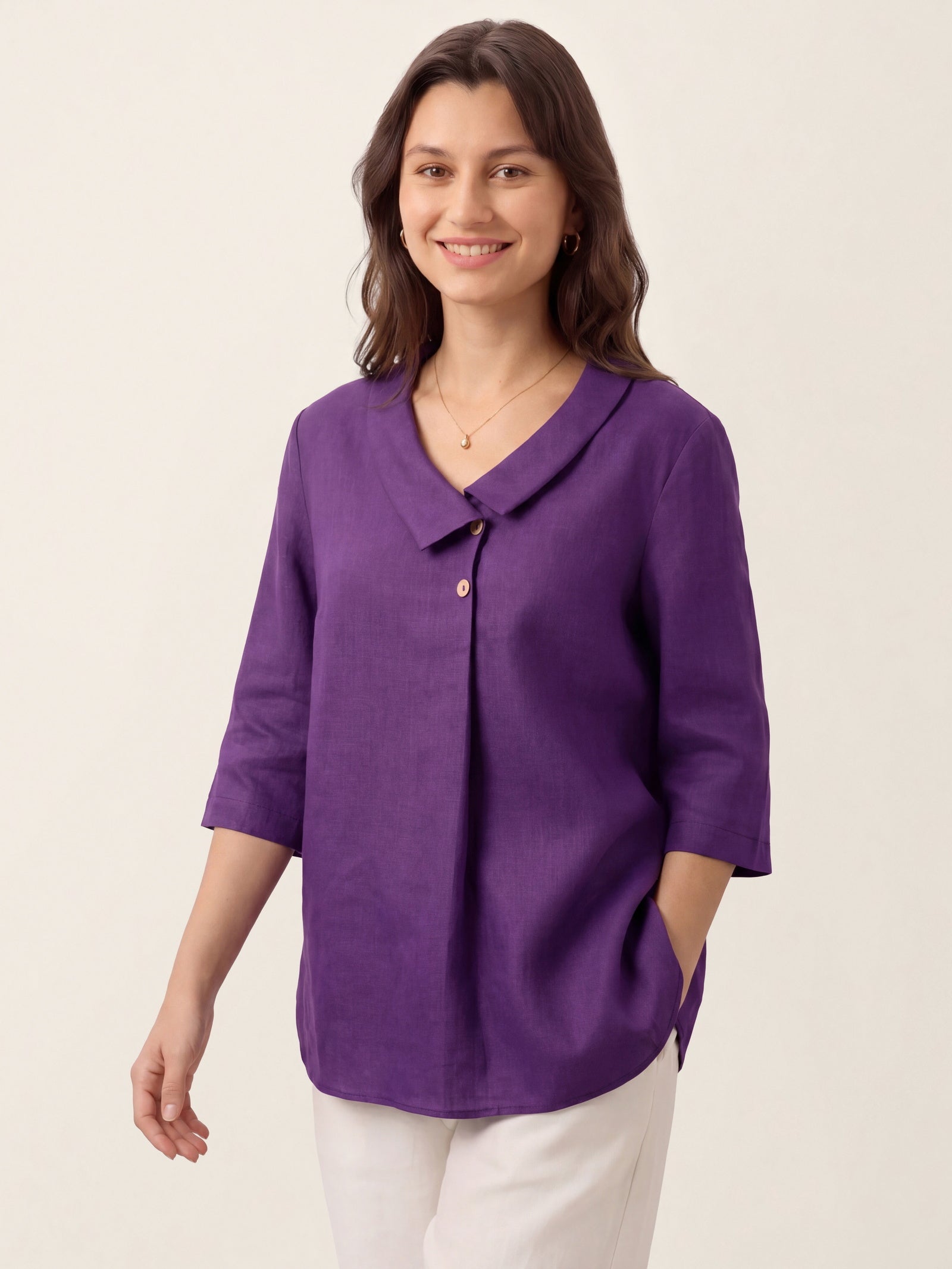 Women's 100% Linen Long-Sleeve Top with Asymmetric Neckline and Inverted Pleat