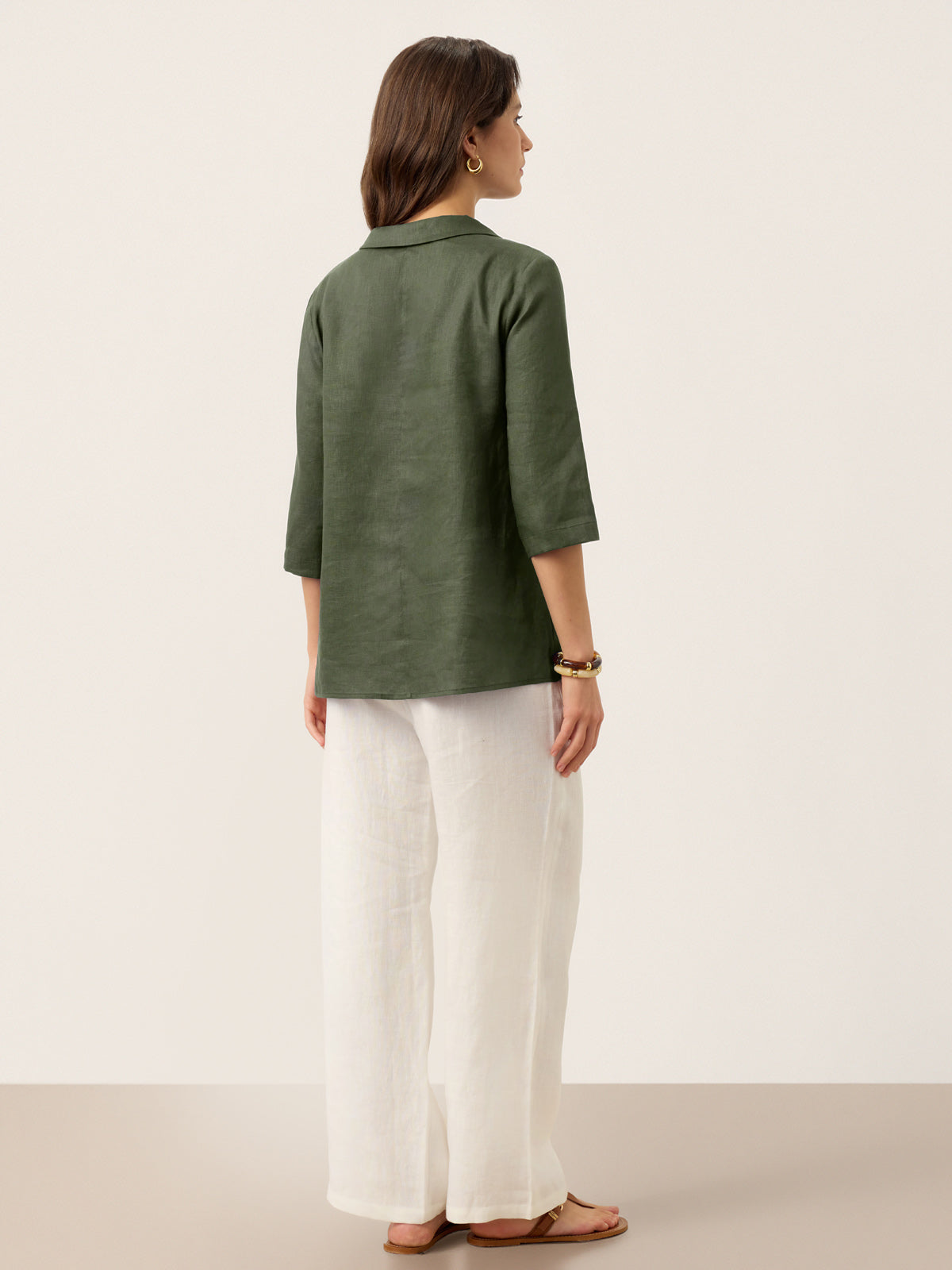Women's 100% Linen Long-Sleeve Top with Asymmetric Neckline and Inverted Pleat