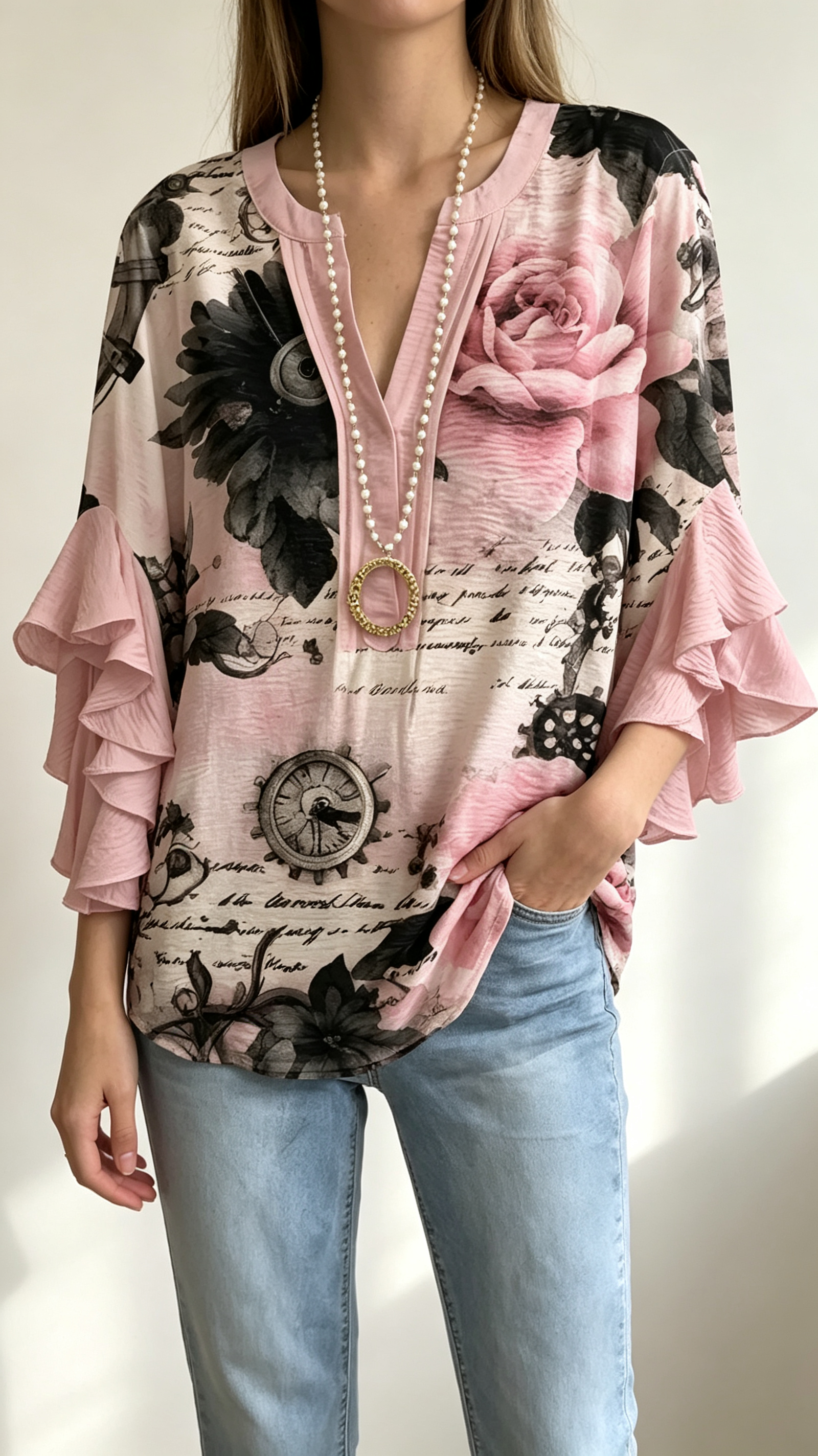 Women Floral Half Sleeve Shirt Summer Printing V Neck Daily Casual Top