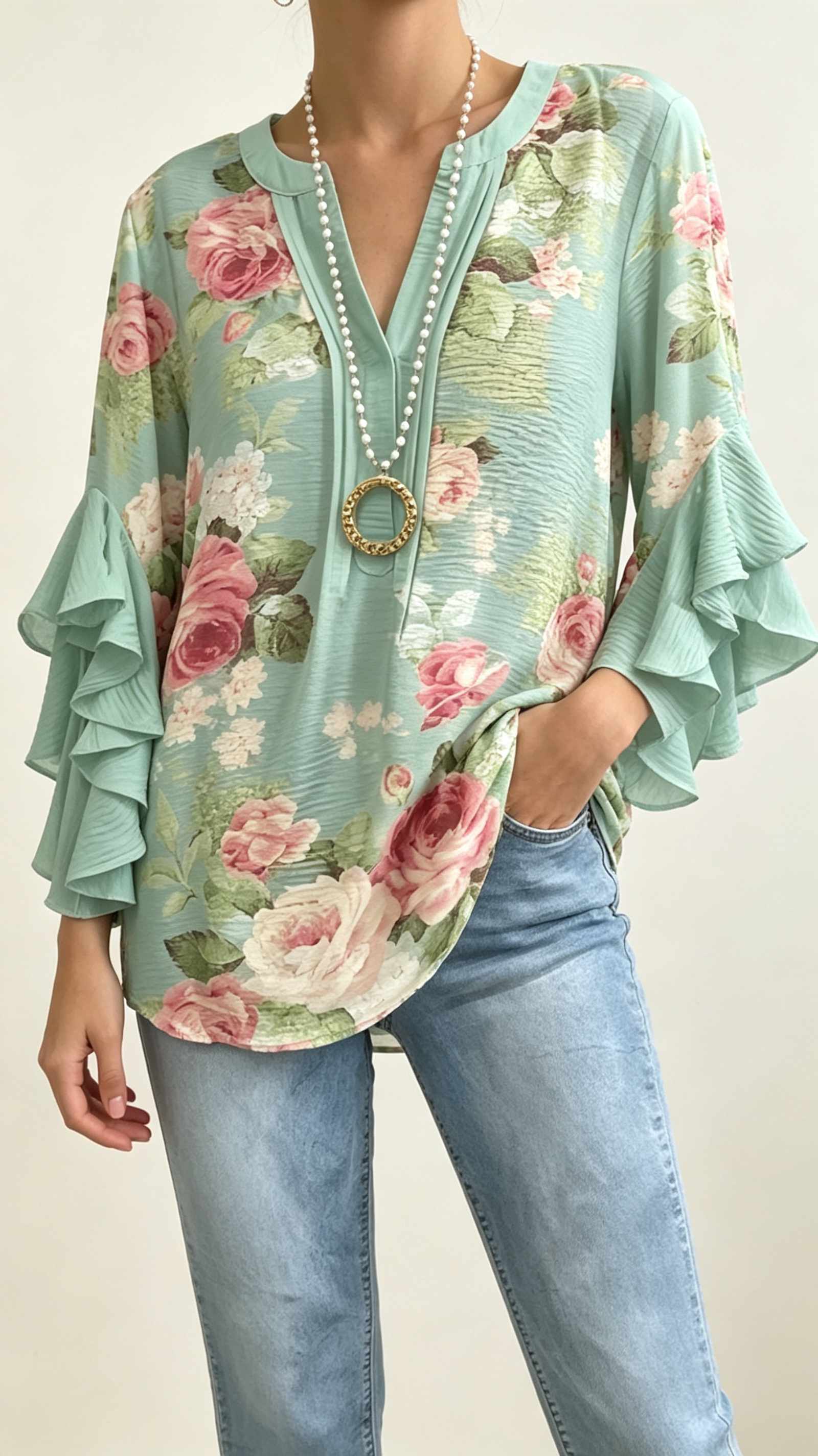 Women Floral Half Sleeve Shirt Summer Printing V Neck Daily Casual Top
