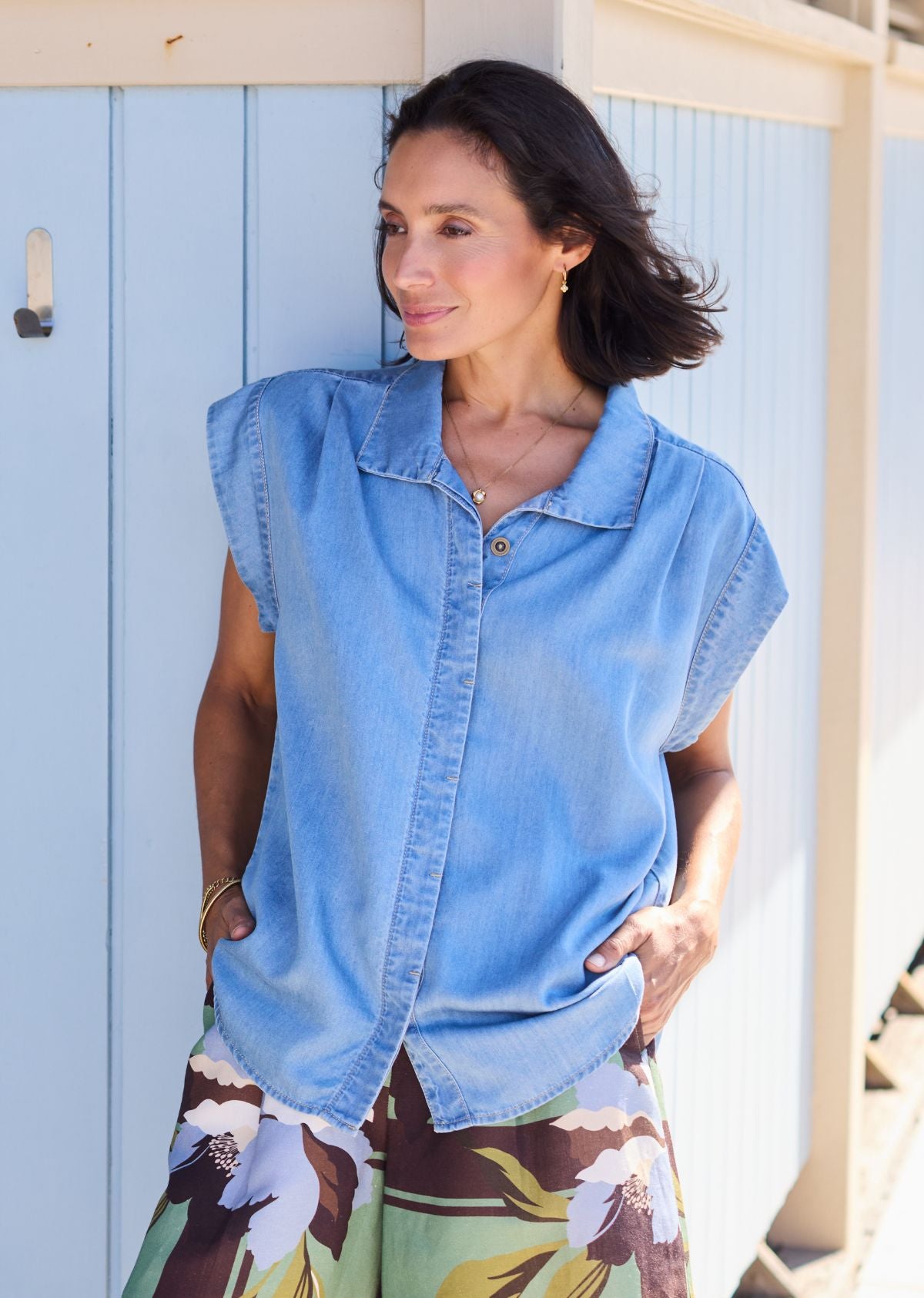 Women's Light Denim Striped Spliced Collar Long Sleeve Shirt