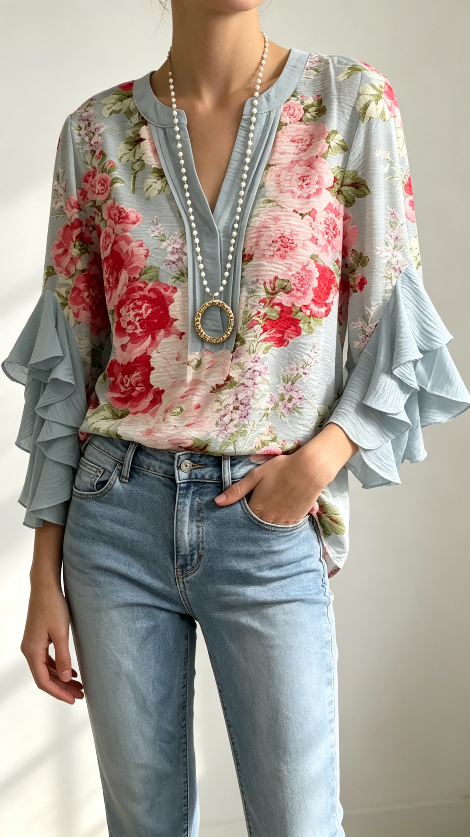 Women Floral Half Sleeve Shirt Summer Printing V Neck Daily Casual Top