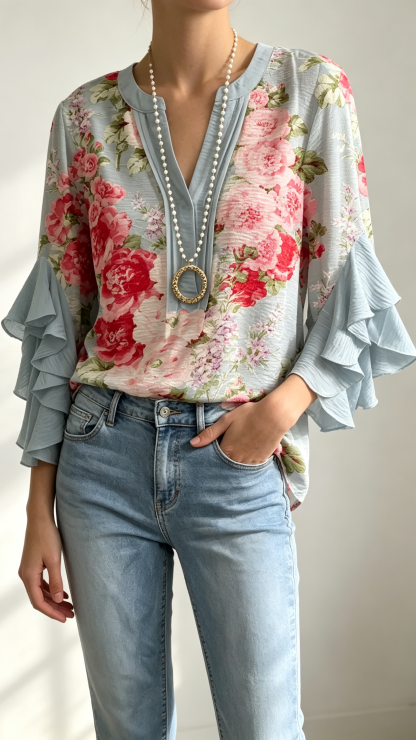 Women Floral Half Sleeve Shirt Summer Printing V Neck Daily Casual Top
