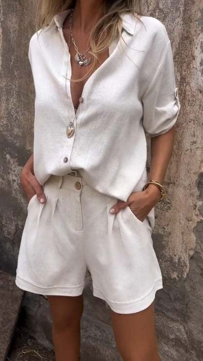CLEARANCE🔥Cotton and linen lapel shirt two-piece suit