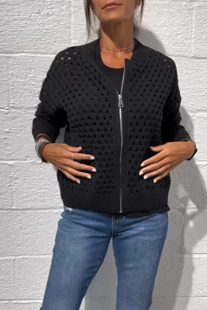 Women’s Casual Hollow Knitwear Zipper Jacket, Crochet Fishnet Knit Shrugs Sweater Jacket Lightweight Cardigans Sweater