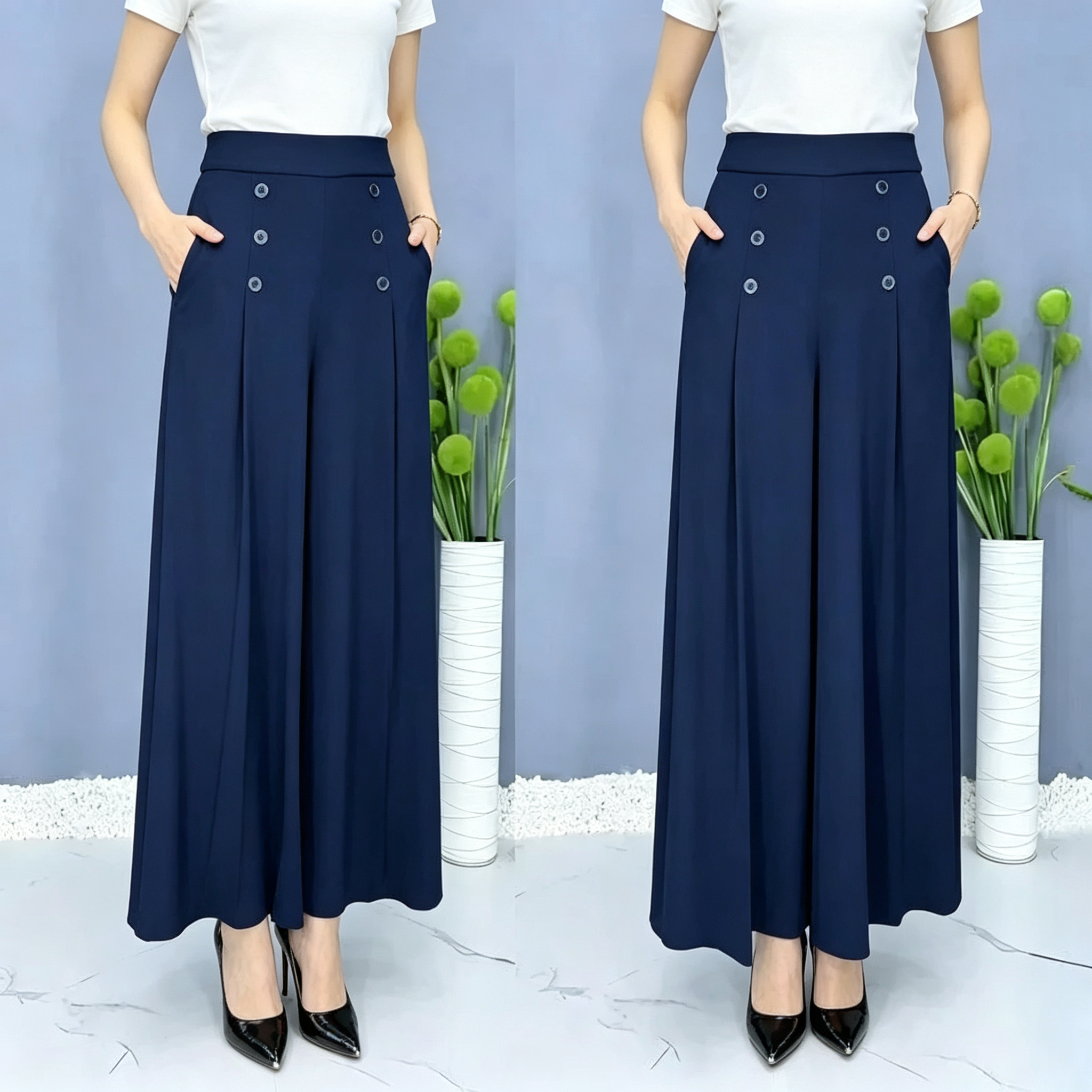 Women's Elegant Slim-Fit Drawstring Wide-Leg Trousers