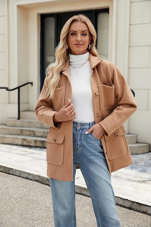 Omoone 2025 Winter Elegant Womens Pea Coat Mid Long Wool Coat Wool Blend Trench Coat with Pockets