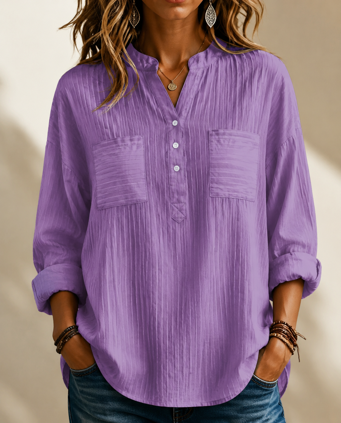 New Arrival 🔥 Women's Textured Casual Henley Neck Loose-Fit Shirt