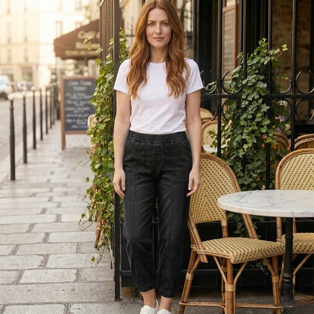 Elastic Waist, Cropped Leg, Relaxed Fit Women's Denim Jogger Jeans