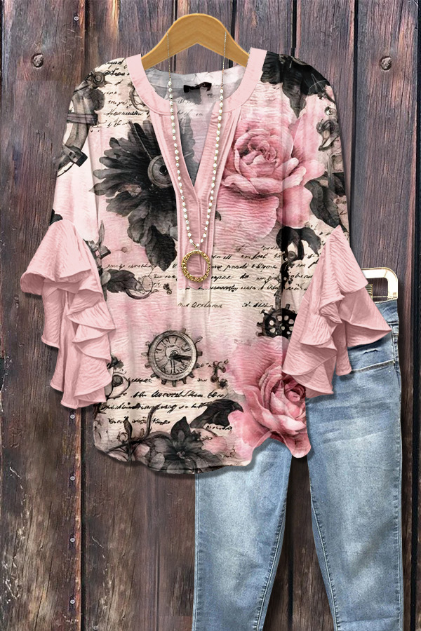 Women Floral Half Sleeve Shirt Summer Printing V Neck Daily Casual Top