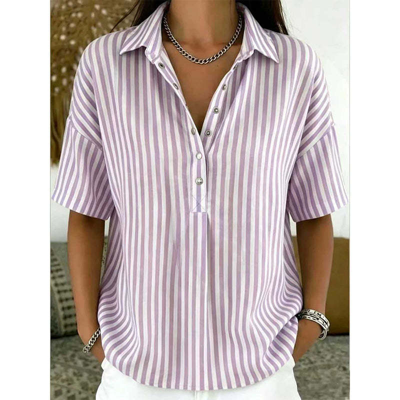Women's Striped Short-Sleeve Shirt – Relaxed Fit, V Neck, 9 Colors 🍂