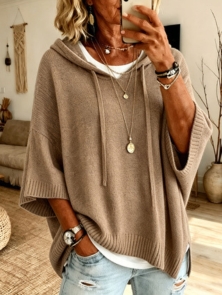 Womens Solid Hoodies Sweater 3/4 Sleeves Drawstring Loose Knit Pullover Sweater