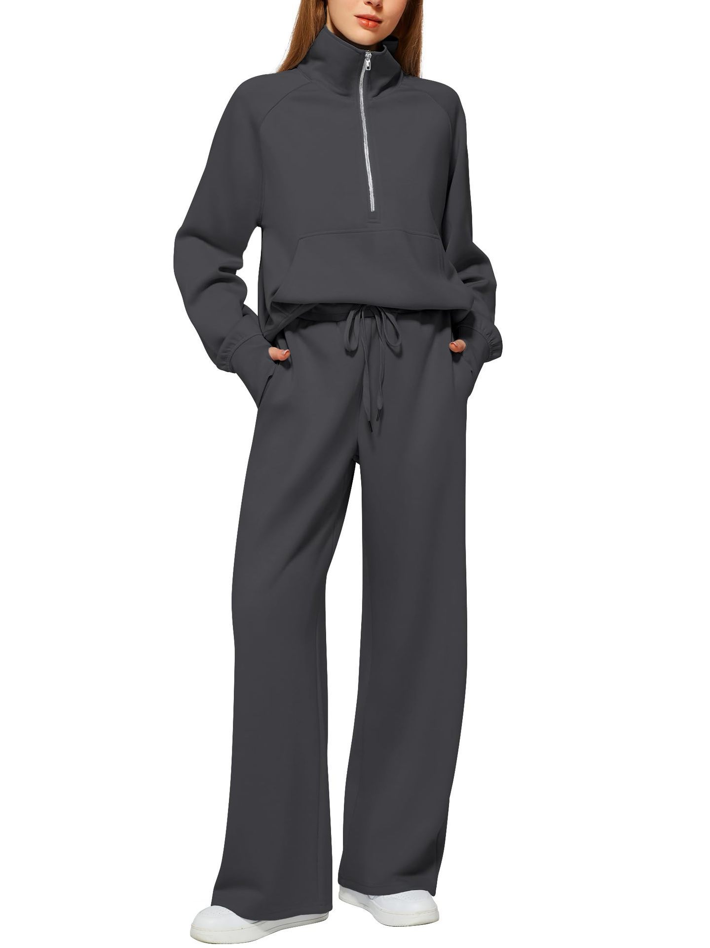 CLEARANCE SALE🔥 Women's Solid Color Cotton Half Zip Two-Piece Set