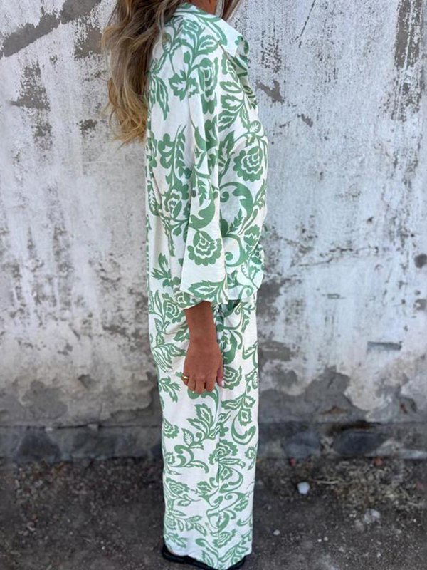 Women's Fashion Two Piece Printed Lapel Button-Down Shirt and Wide-Leg Pants Set