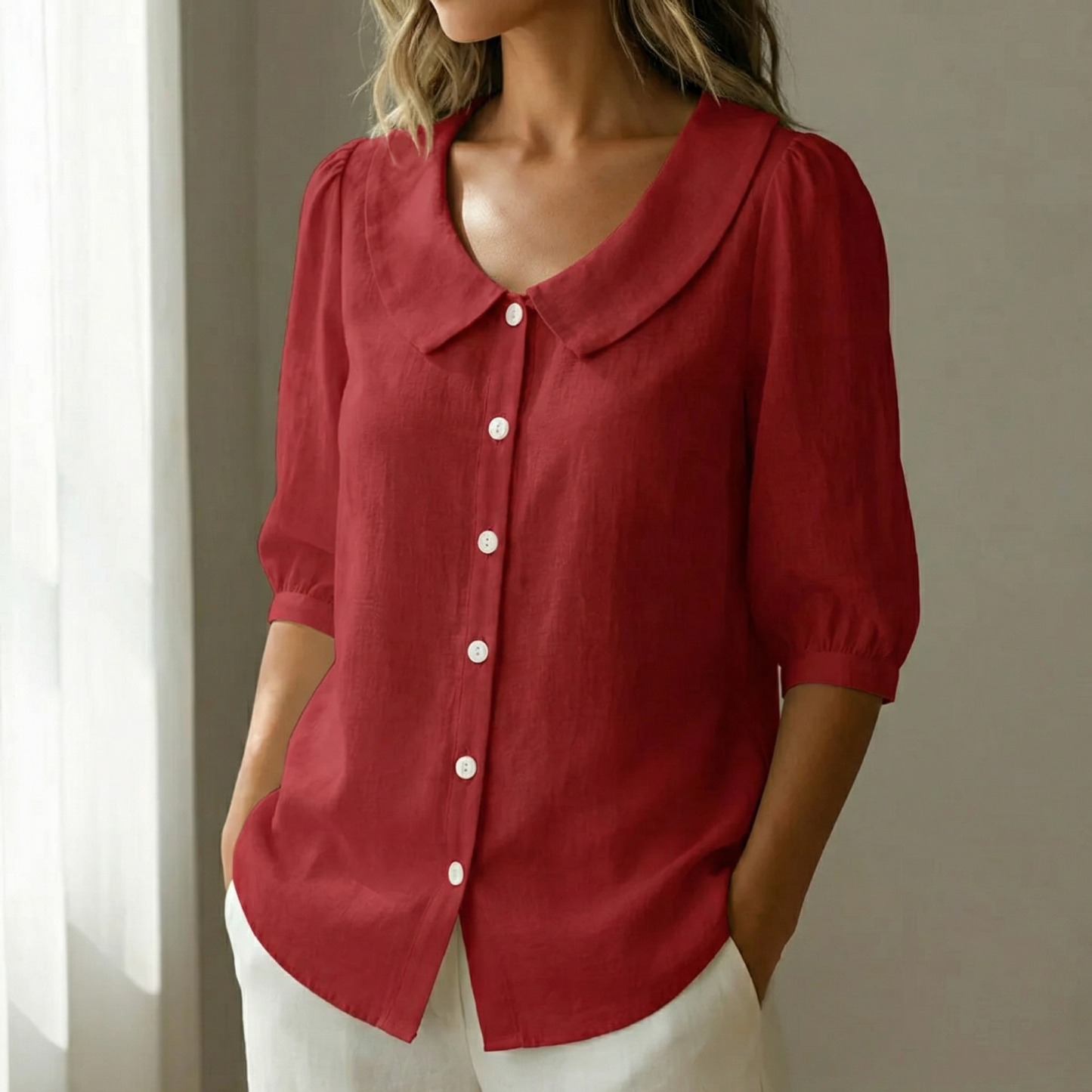 Retro Peter Pan Collar Button Up Blouse