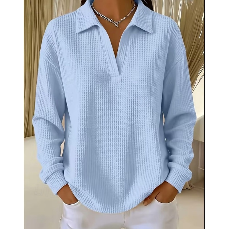 Women Oversized Polo Collar Waffle Blouse