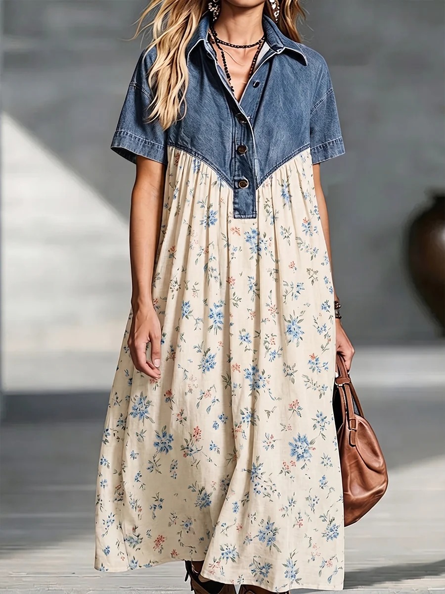 Women’s Denim Spliced Gradient Leopard Print Shirt Midi Dress