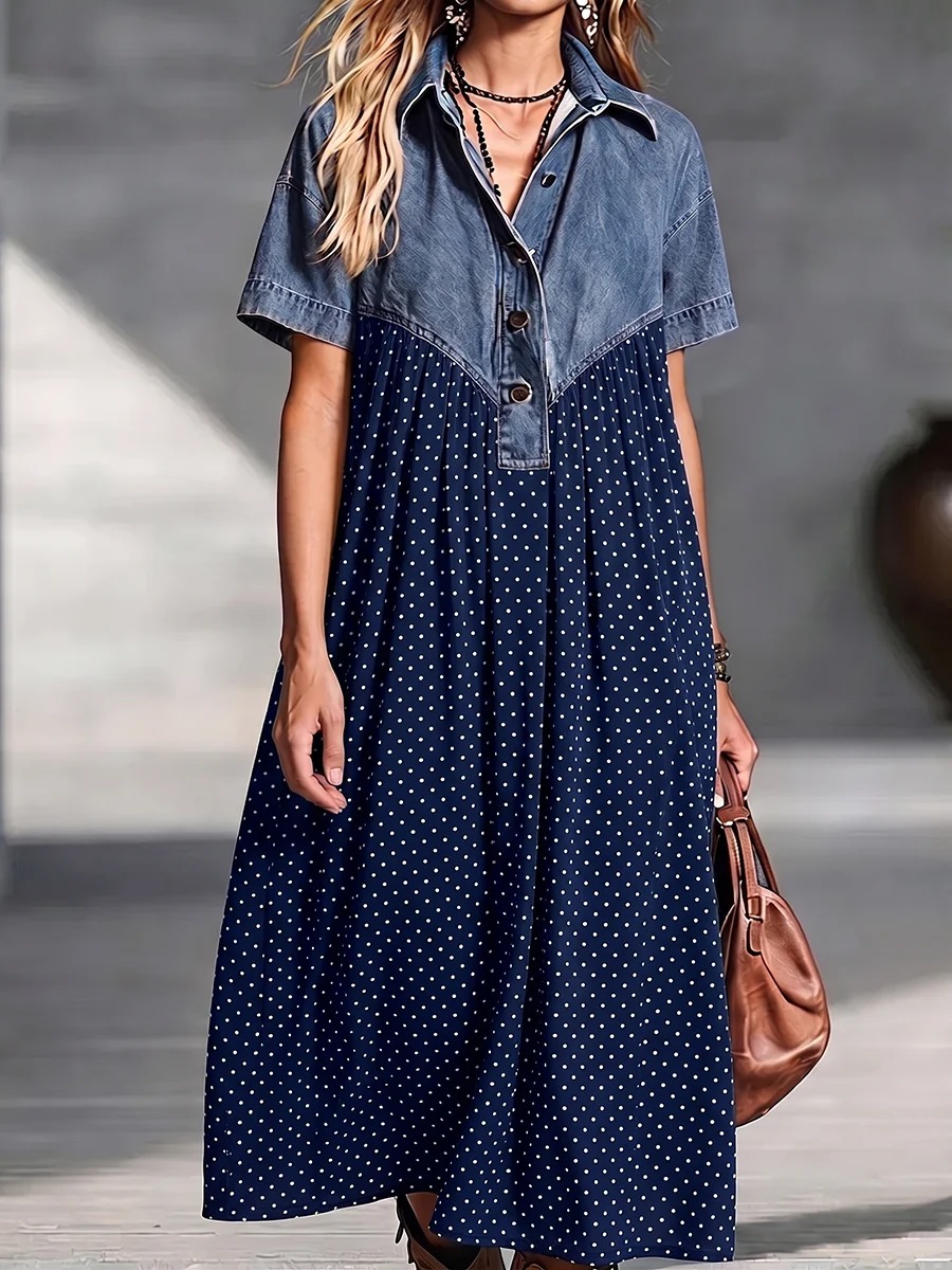 Women’s Denim Spliced Gradient Leopard Print Shirt Midi Dress