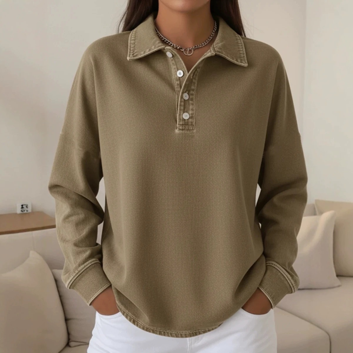 Women's Casual Loose-Fit Button-Front Denim Polo-Style T-Shirt