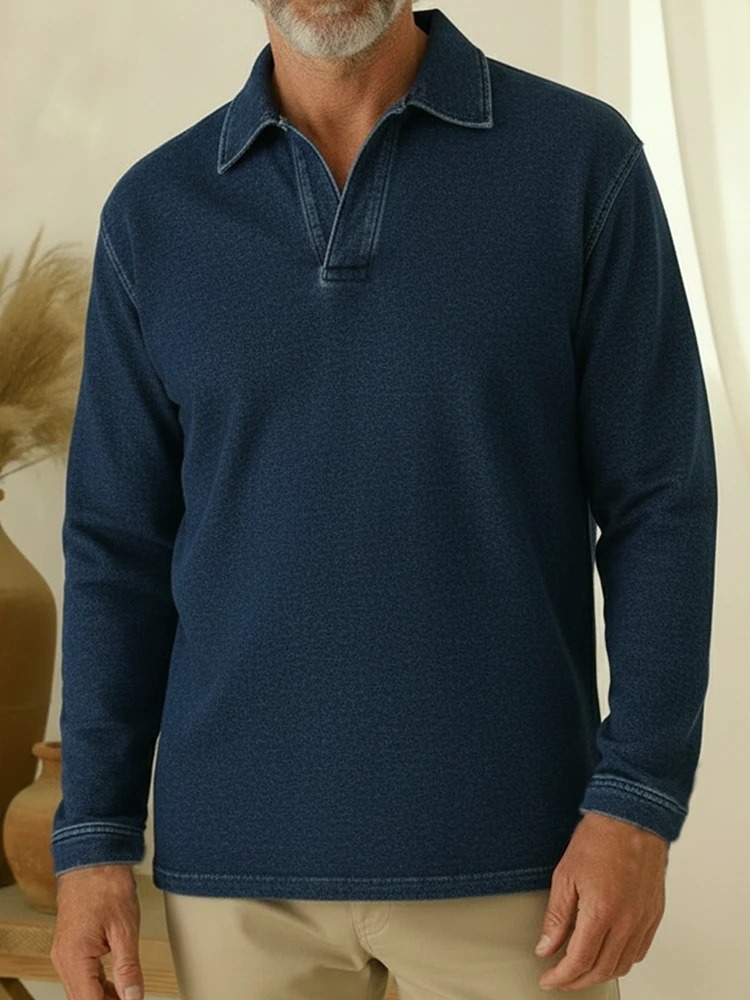 Men's Long-Sleeve Denim Polo Shirt with Notch Collar