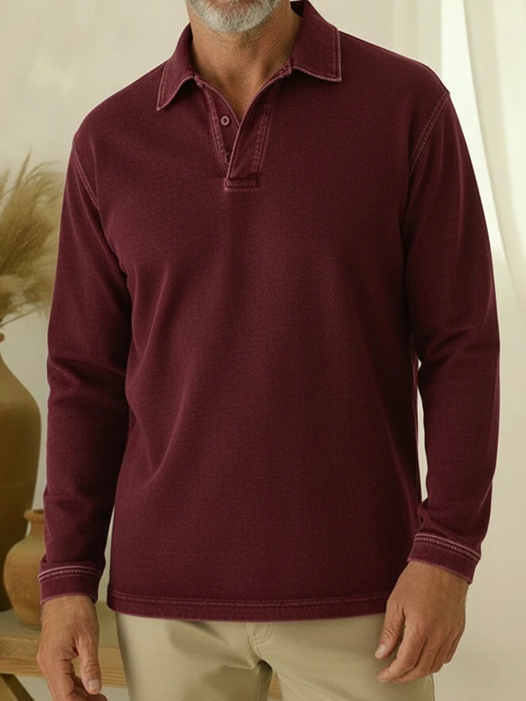 Men's Long-Sleeve Denim Polo Shirt with Notch Collar
