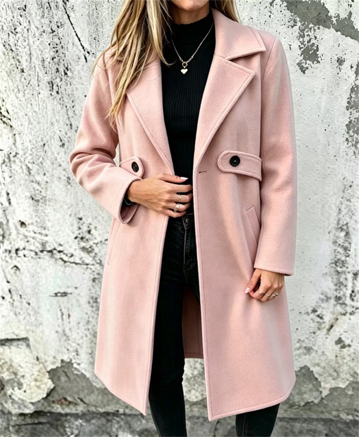 Women Autumn/Winter Classic Casual Minimalist Large Lapel Cinched Waist Button Decoration Pocket Mid-Length Coat Fall Cloth For Women