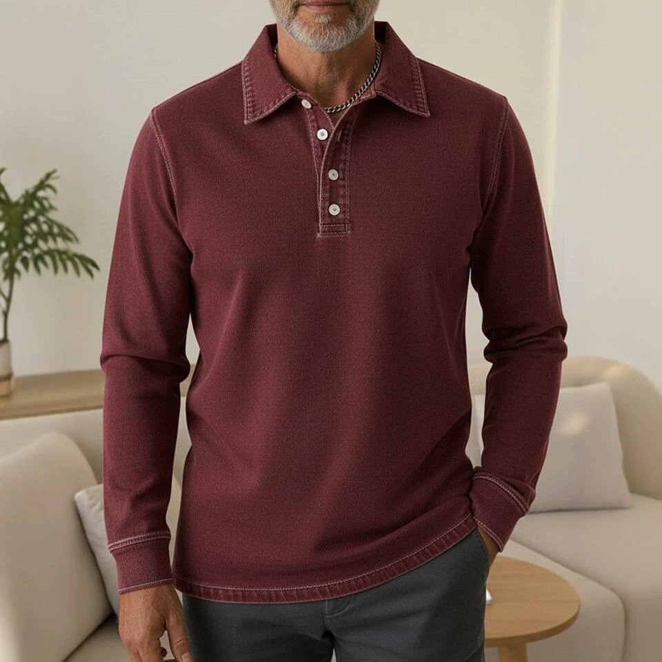 Men's Long-Sleeve Denim Henley Polo Shirt