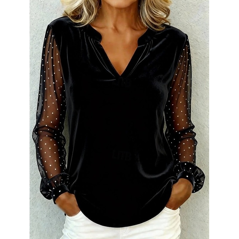 Women's Velvet Elegant Vacation Party Long Sleeve V Neck Regular Tops Casual Daily Party
