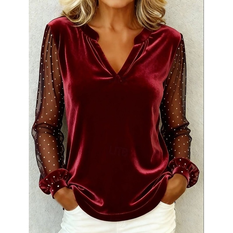 Women's Velvet Elegant Vacation Party Long Sleeve V Neck Regular Tops Casual Daily Party