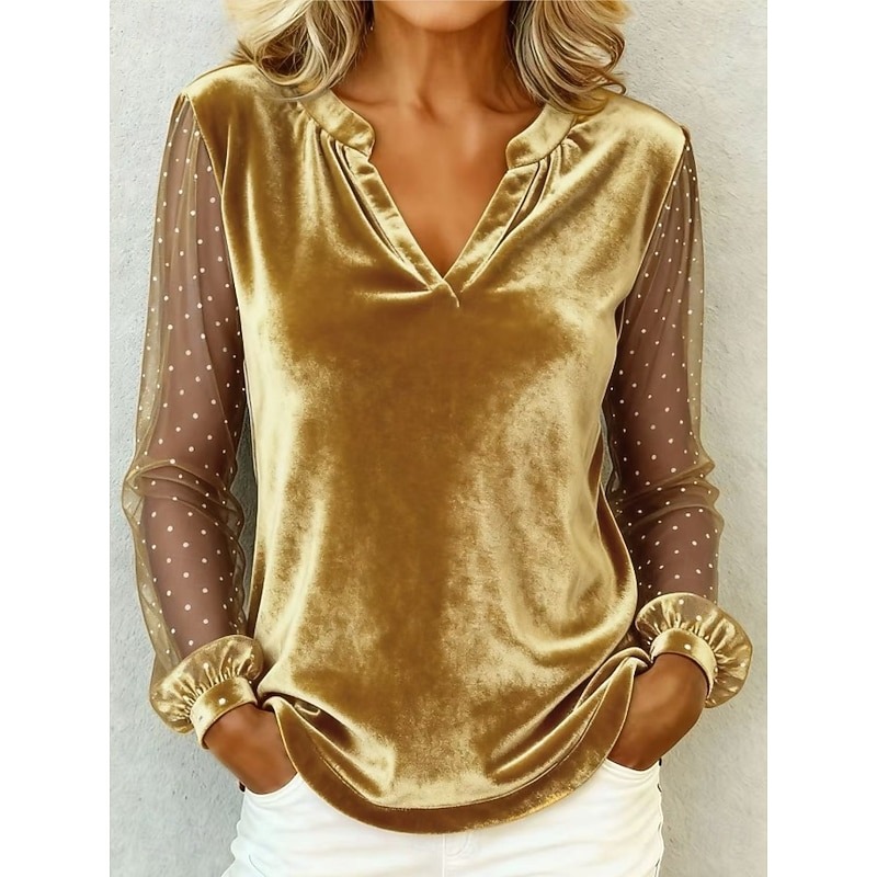 Women's Velvet Elegant Vacation Party Long Sleeve V Neck Regular Tops Casual Daily Party