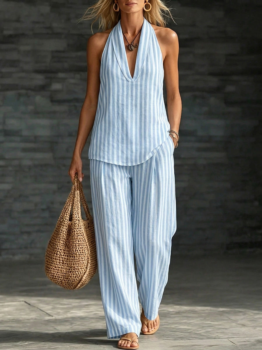 Cozy Striped Cotton-linen Two-piece Set