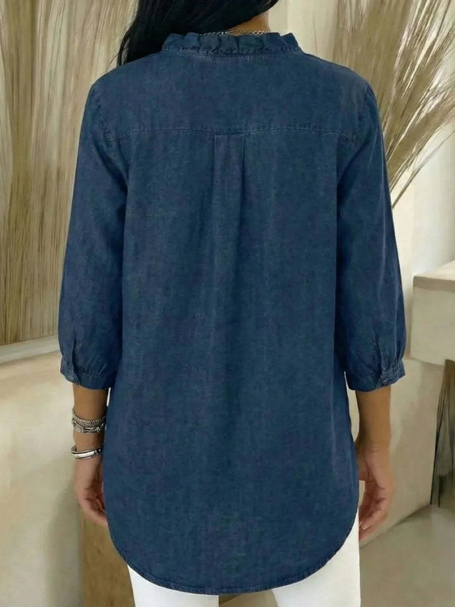 Women's Casual Denim V-Neck Ruffled Shirt
