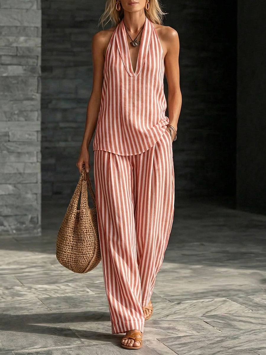 Cozy Striped Cotton-linen Two-piece Set