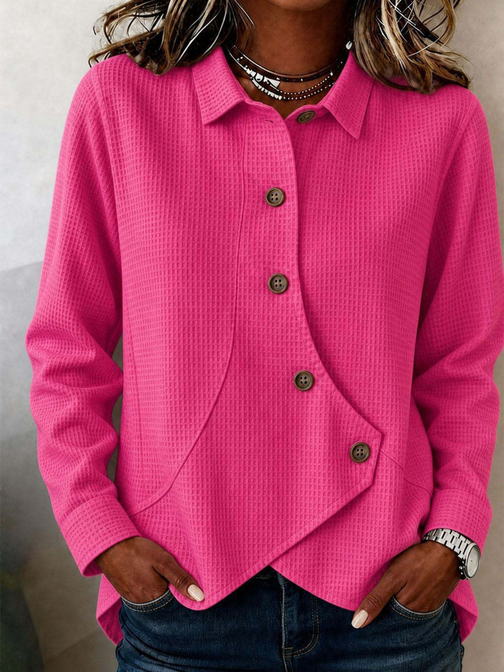 Chic Asymmetric Button-front Waffle-knit Blouse