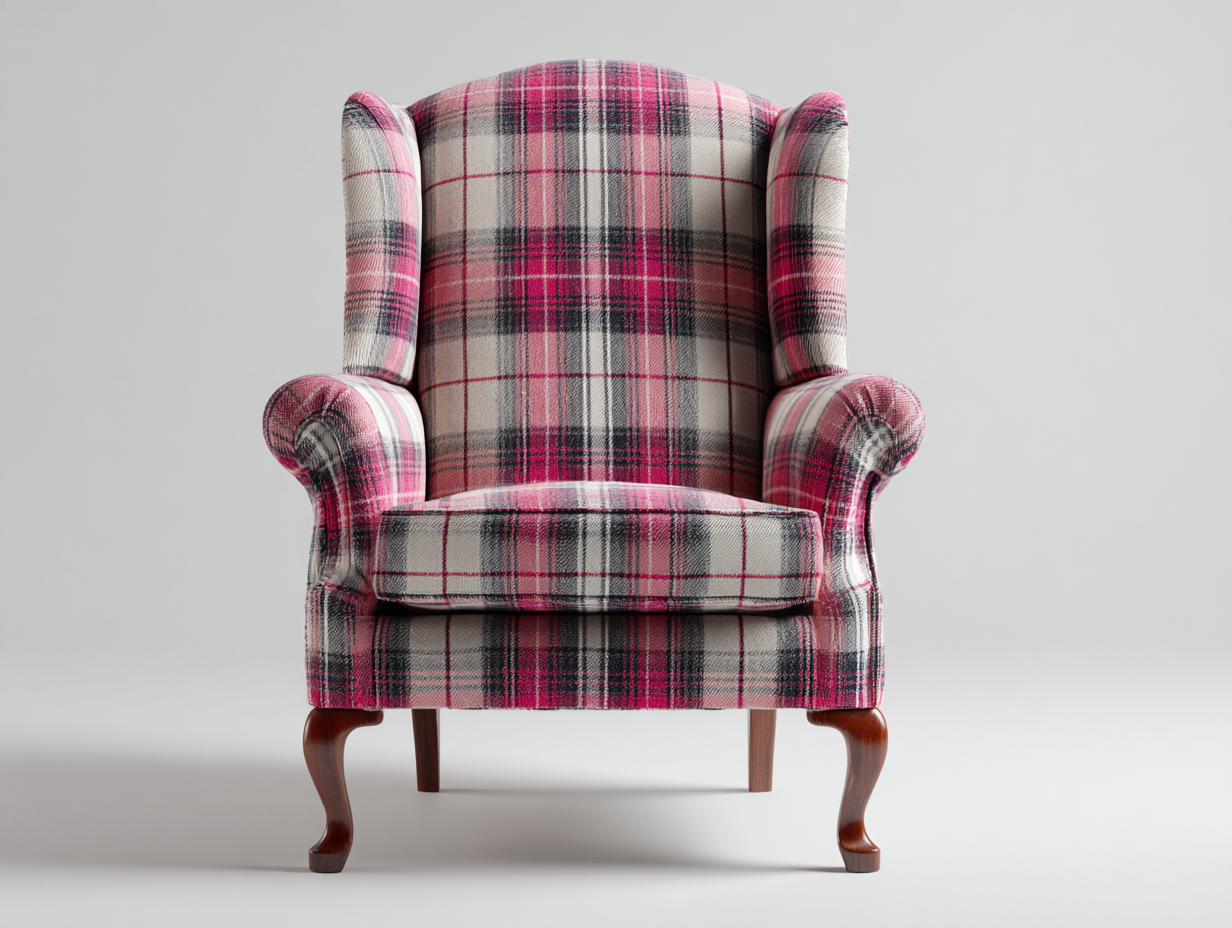 Fauteuil à dossier haut en tissu à carreaux 82x88x112 cm - rose-gris - design classique-Homimyloft