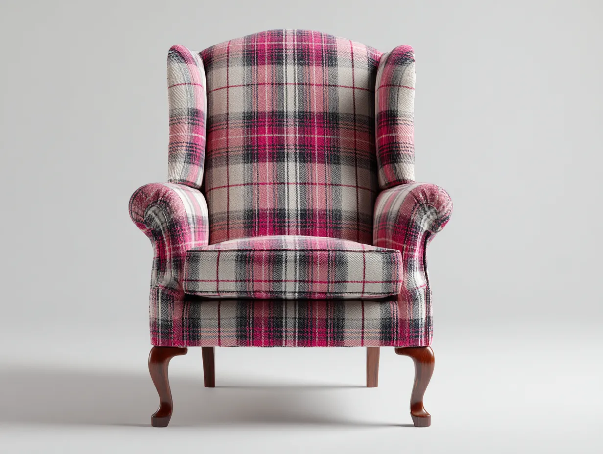 Fauteuil à dossier haut en tissu à carreaux 82x88x112 cm - rose-gris - design classique-Homimyloft