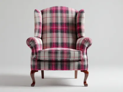 Fauteuil à dossier haut en tissu à carreaux 82x88x112 cm - rose-gris - design classique-Homimyloft