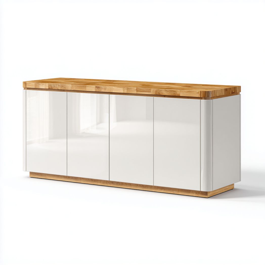 Buffet bas avec quatre portes blanches et plateau en chêne massif-Gain Furniture