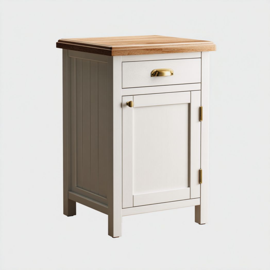 Table de chevet blanche avec un tiroir, une porte et plateau en chêne-Gain Furniture