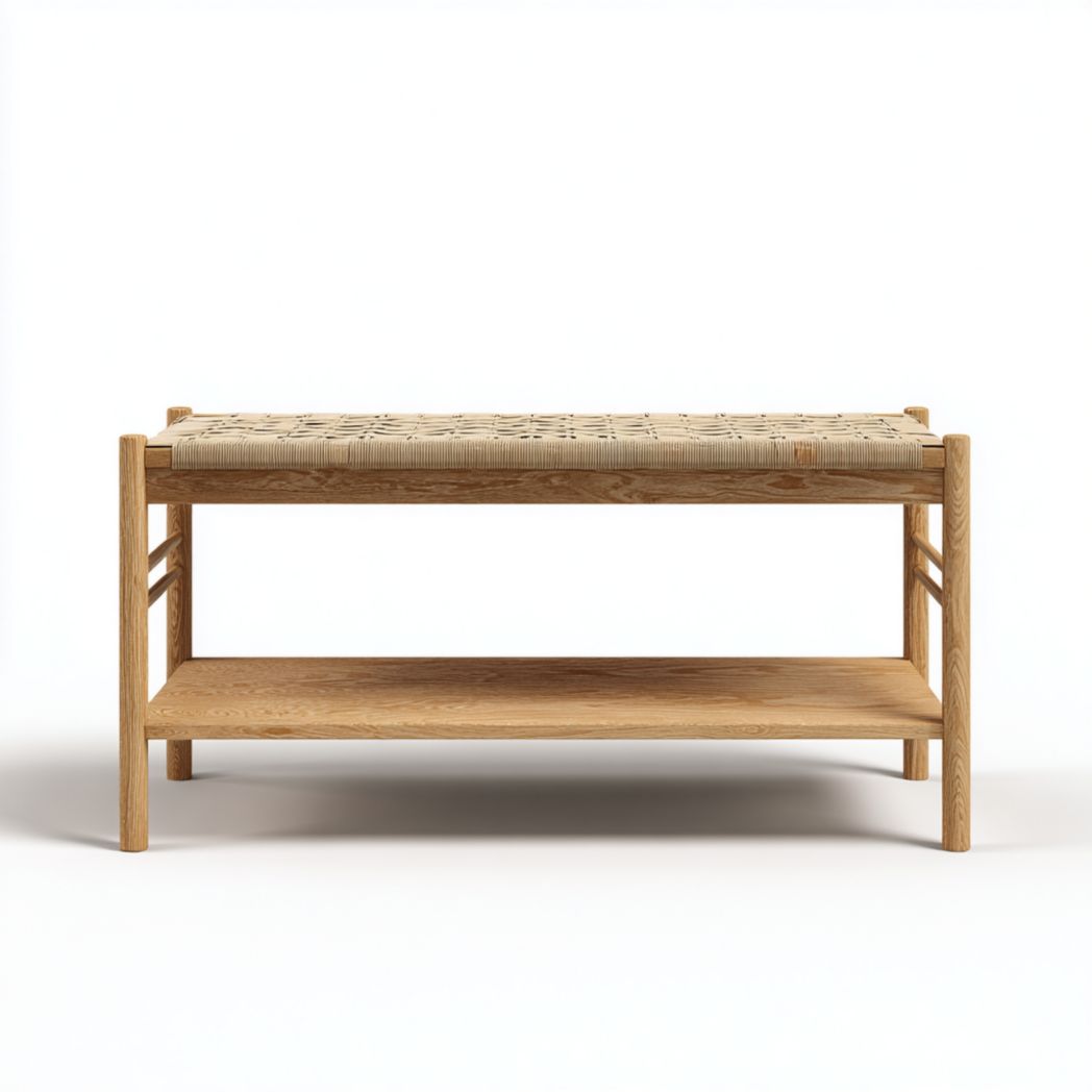 Banc à Chaussures en Chêne avec Assise en Corde Tressée et Étagère de Rangement-Gain Furniture