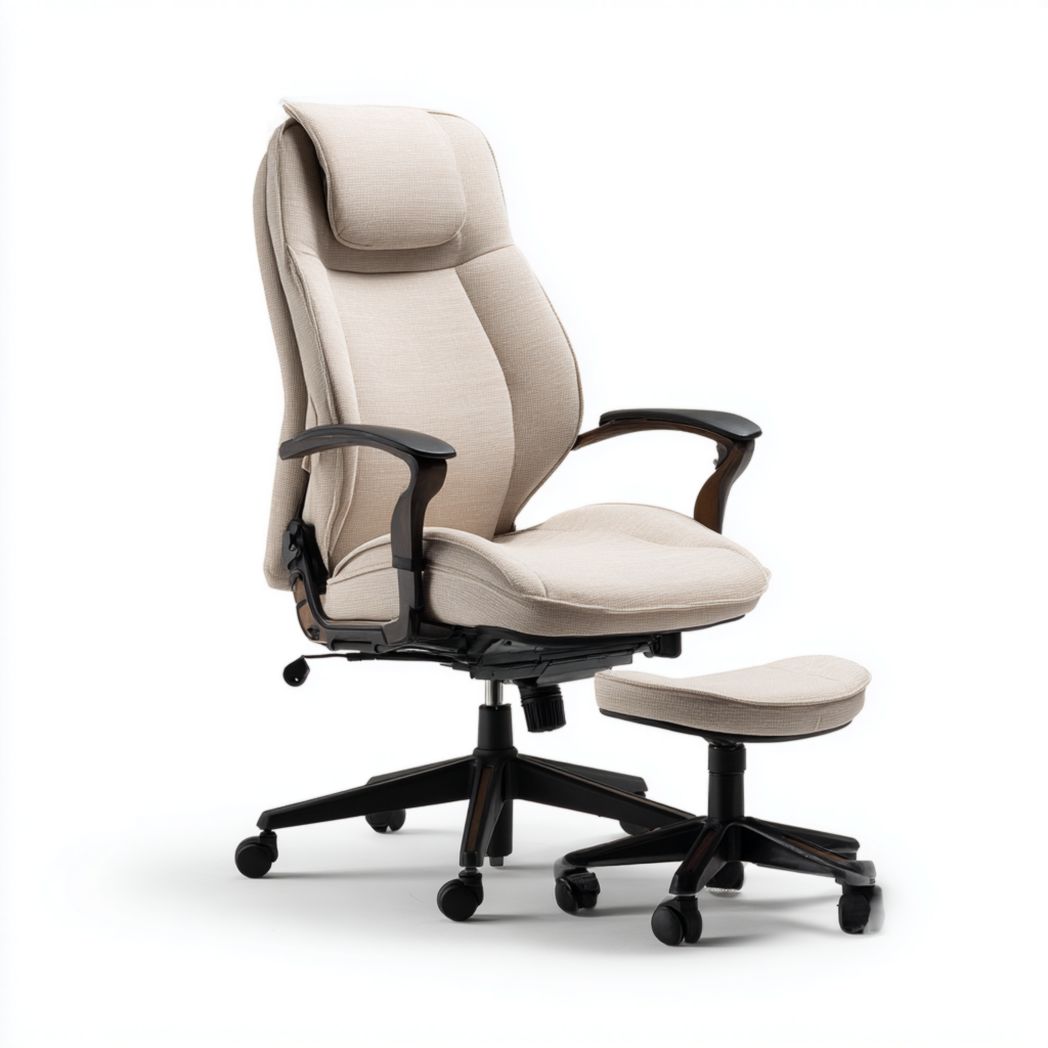 Fauteuil de bureau pivotant avec dossier haut en tissu et repose-pieds assorti - Beige-Gain Furniture