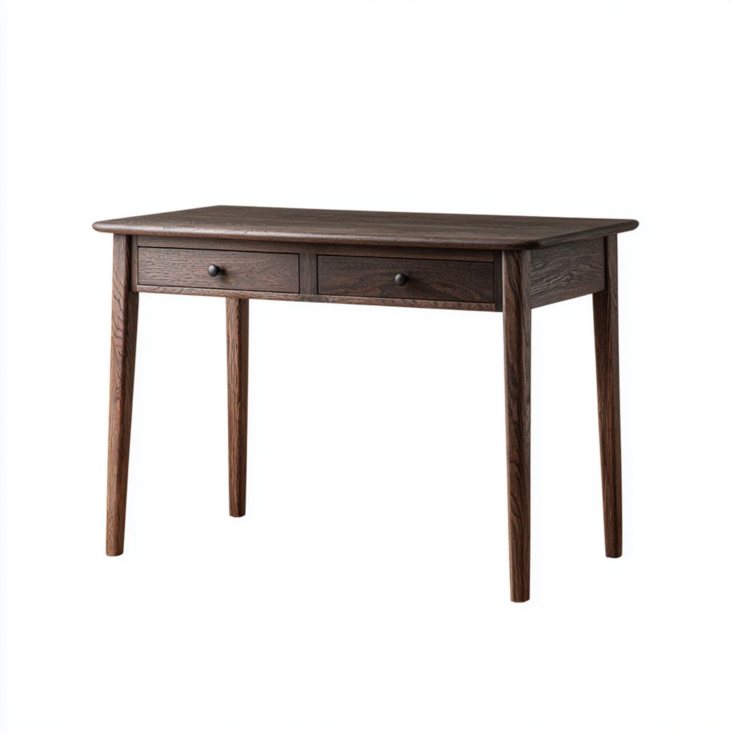 Bureau d'ordinateur en bois de chêne massif avec deux tiroirs et pieds coniques - Marron Foncé-Gain Furniture