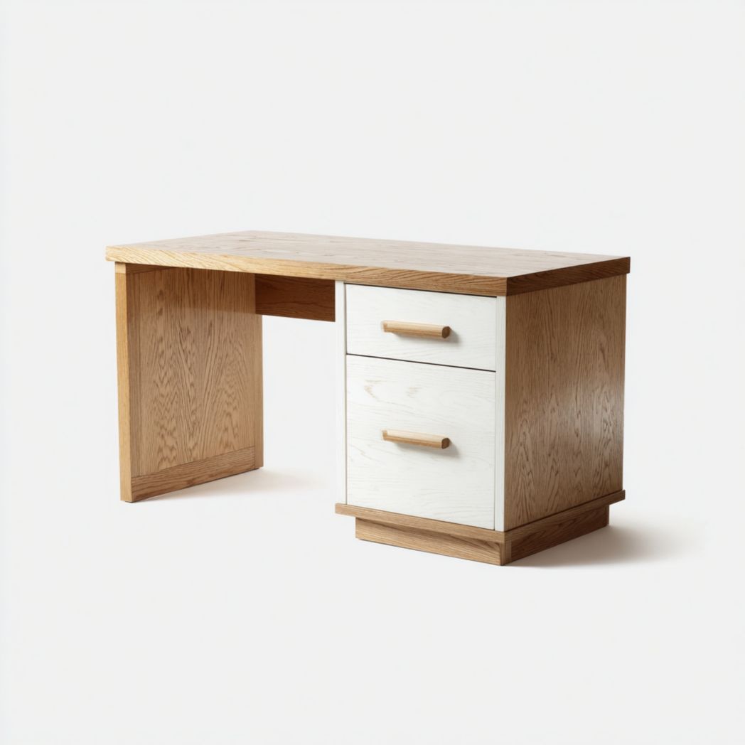 Bureau d'ordinateur avec caisson à deux tiroirs et poignées en bois - Naturel et Blanc-Gain Furniture