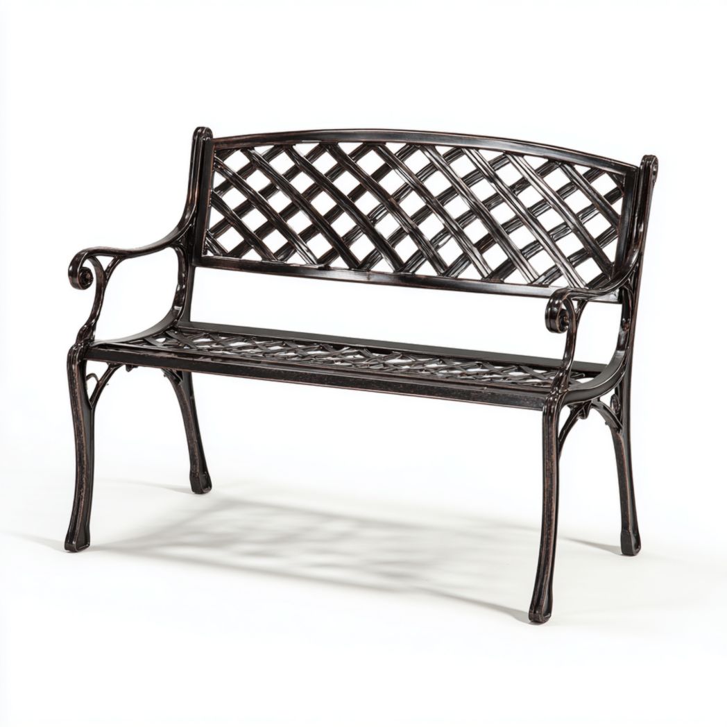 Banc de jardin 2 places en fonte d'aluminium avec dossier et accoudoirs à motif quadrillé-Gain Furniture