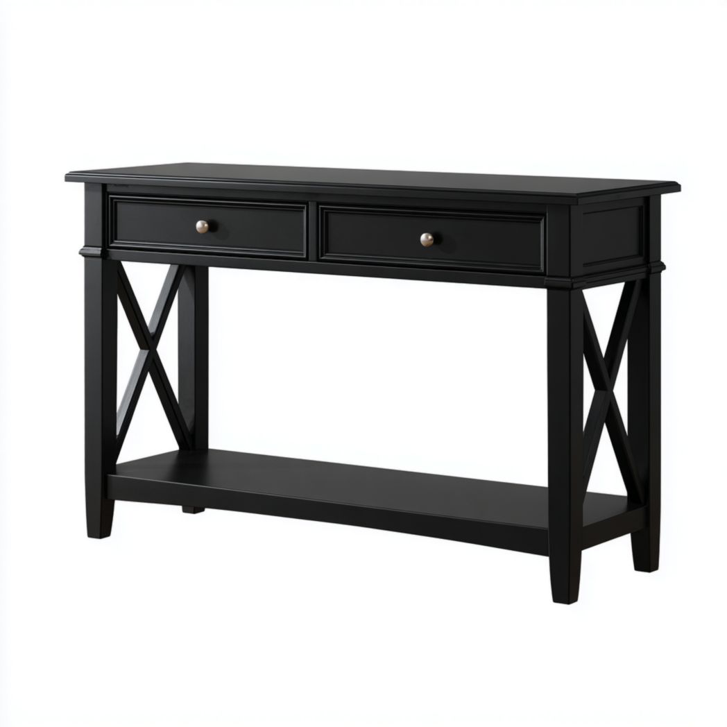 Table d'appoint d'entrée à double tiroir avec étagère de rangement inférieure et panneau latéral en forme de X.-Gain Furniture