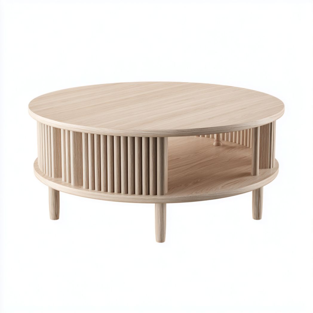 Table Basse Ronde en Chêne avec Rangement à Lattes-Gain Furniture