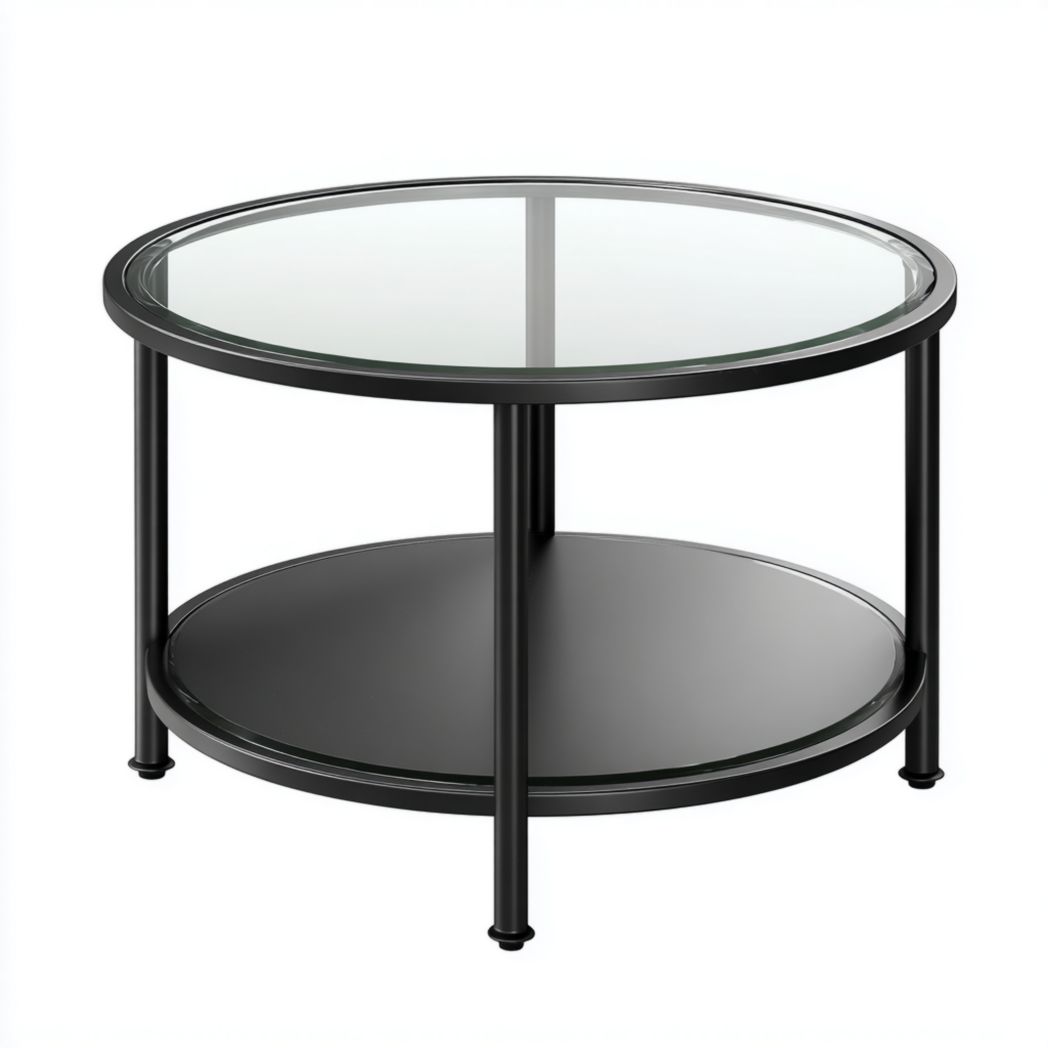 Table de Café Ronde à 2 Niveaux en Verre Trempé et Métal Noir-Gain Furniture