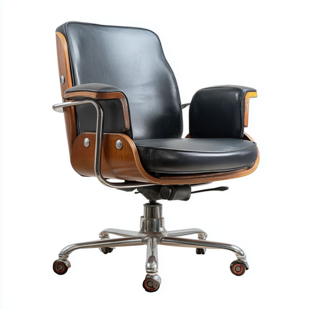 Chaise de bureau pivotante en cuir synthétique avec coque en bois courbé et base en aluminium - Noir-Girotto Furniture