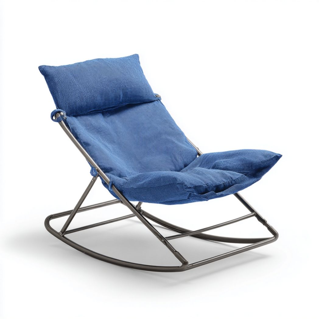 Fauteuil à bascule d’extérieur avec structure métallique et coussins textiles bleus-Girotto Furniture