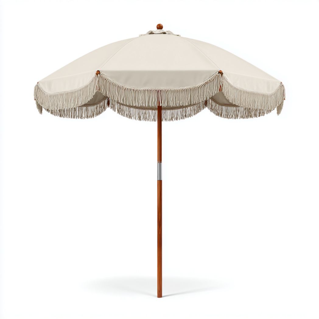 Parasol droit de jardin écru avec franges en tissu polyester et mât en bois-Girotto Furniture